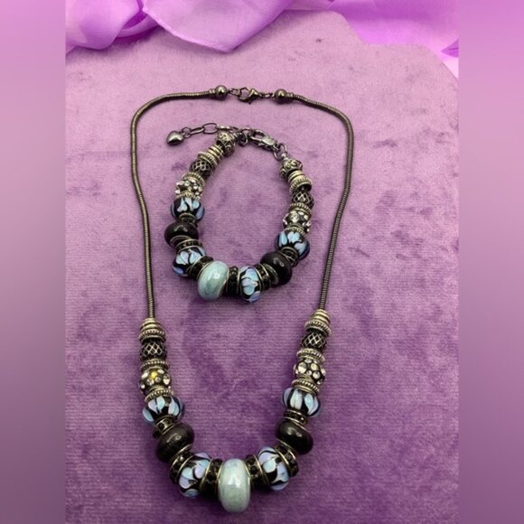 Capital Charms Silver Blue and Black Beaded Bracelet and necklace - Picture 2 of 3